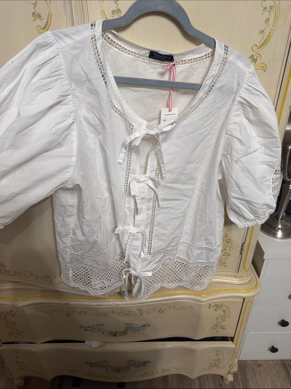Vineyard Vines White Cotton Lace-Trim Peasant Blouse